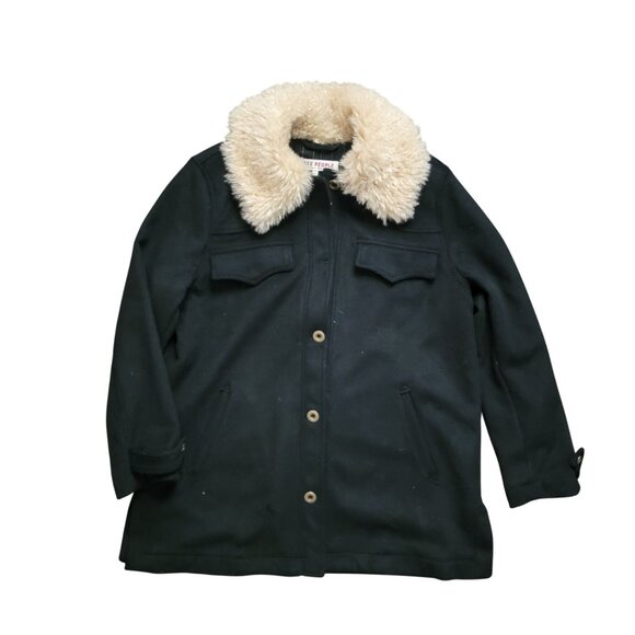 Free People Milly Wool Coat Womens L Faux Fur Cozy Winter Warm Y2K Military - Picture 2 of 10